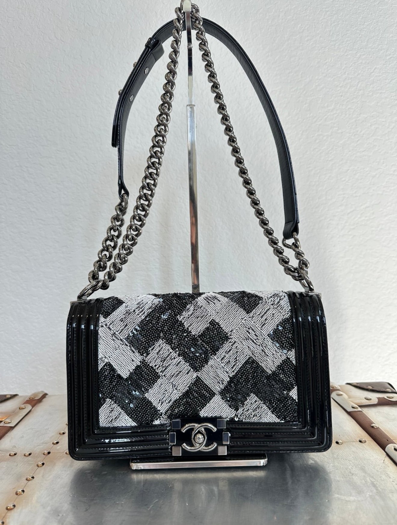 Pre-owned Authentic CHANEL Boy Medium Flap RARE Patent Sequin Shoulder Bag
