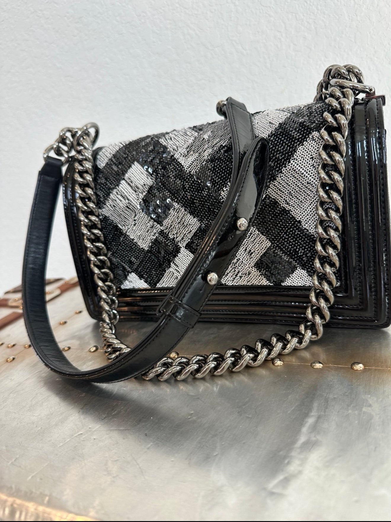 Pre-owned Authentic CHANEL Boy Medium Flap RARE Patent Sequin Shoulder Bag