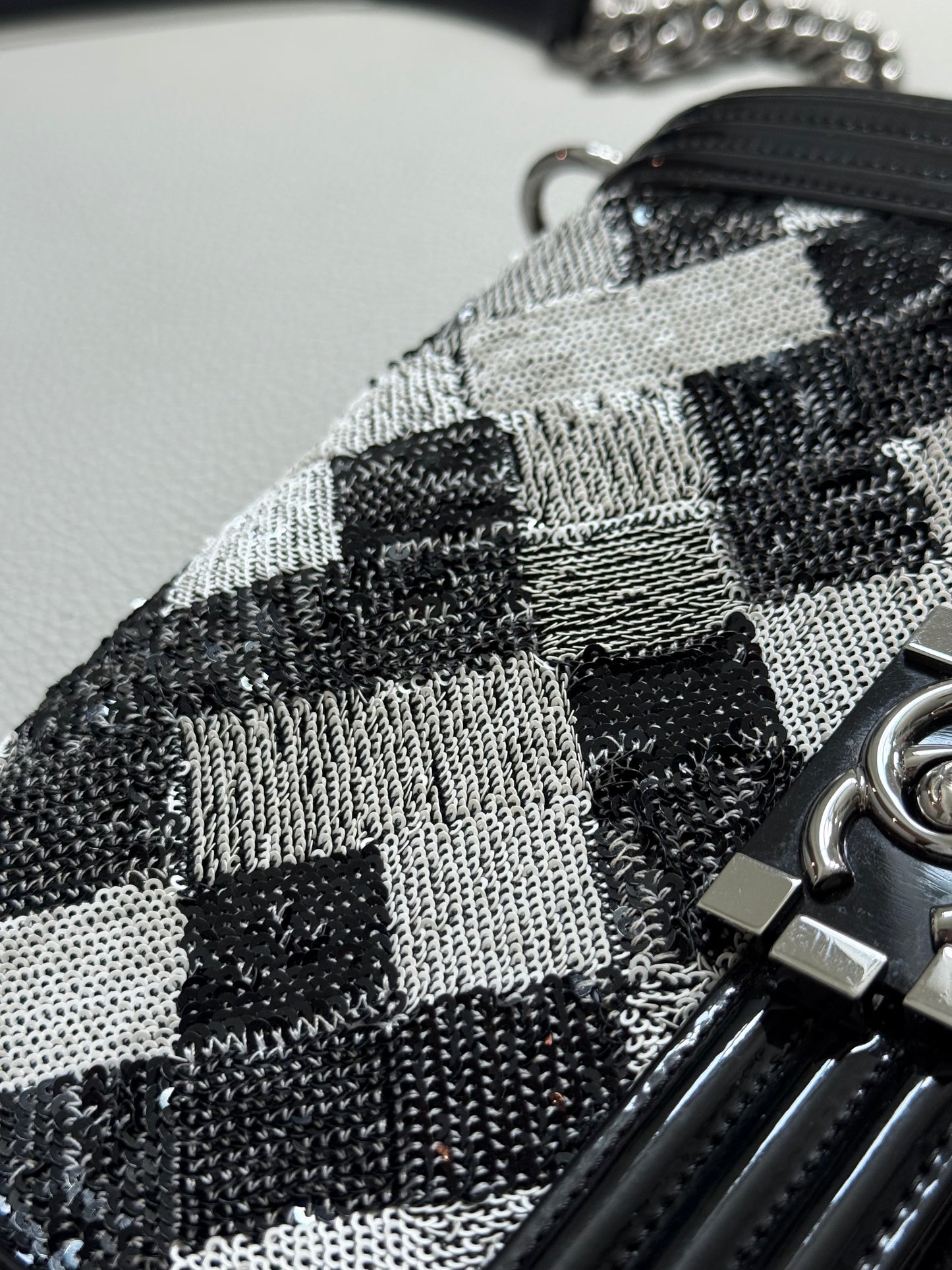 Pre-owned Authentic CHANEL Boy Medium Flap RARE Patent Sequin Shoulder Bag