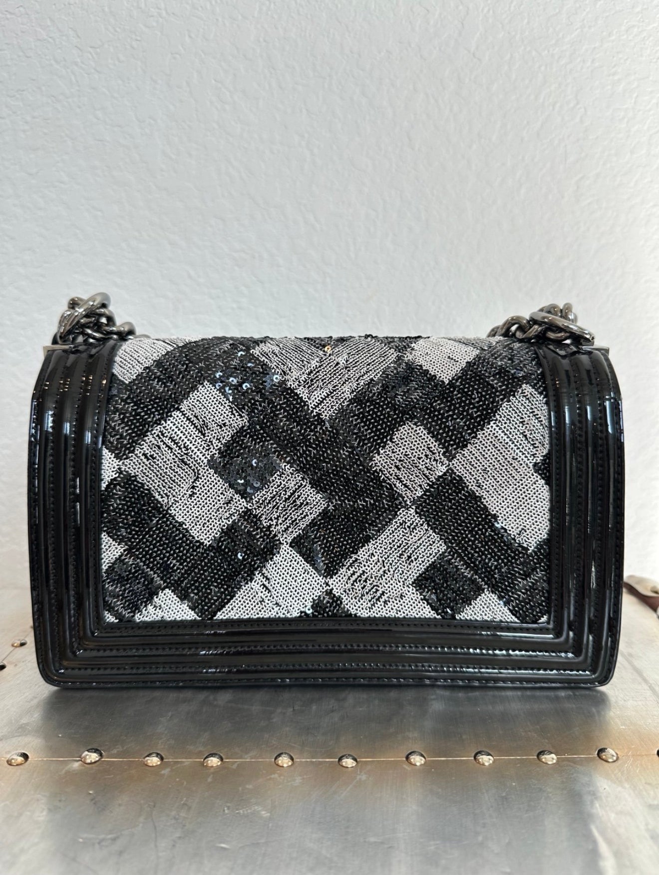 Pre-owned Authentic CHANEL Boy Medium Flap RARE Patent Sequin Shoulder Bag
