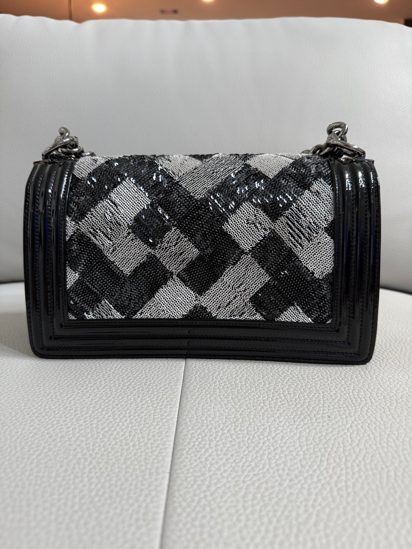 Pre-owned Authentic CHANEL Boy Medium Flap RARE Patent Sequin Shoulder Bag