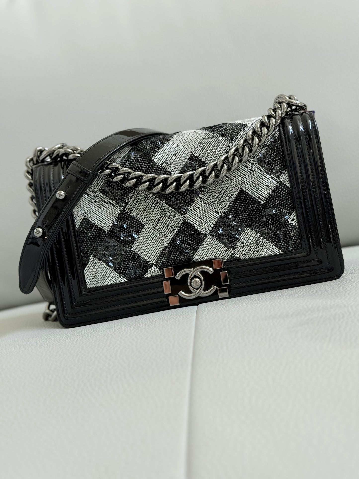 Pre-owned Authentic CHANEL Boy Medium Flap RARE Patent Sequin Shoulder Bag