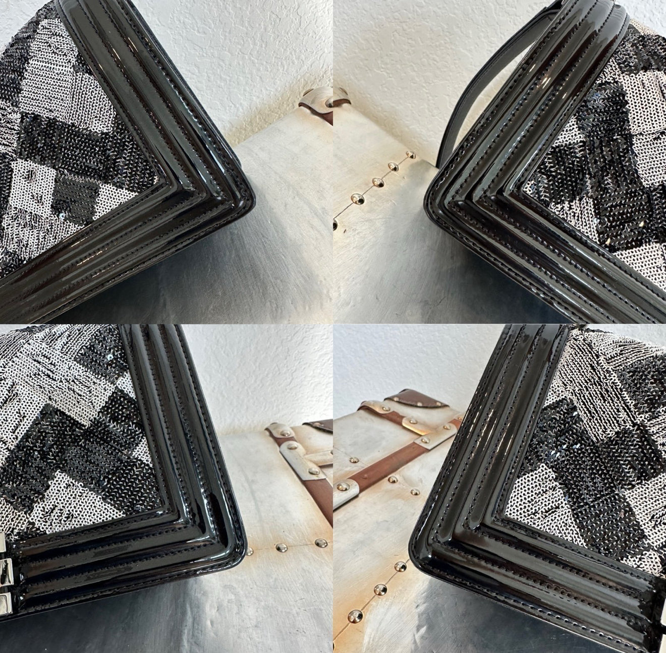 Pre-owned Authentic CHANEL Boy Medium Flap RARE Patent Sequin Shoulder Bag