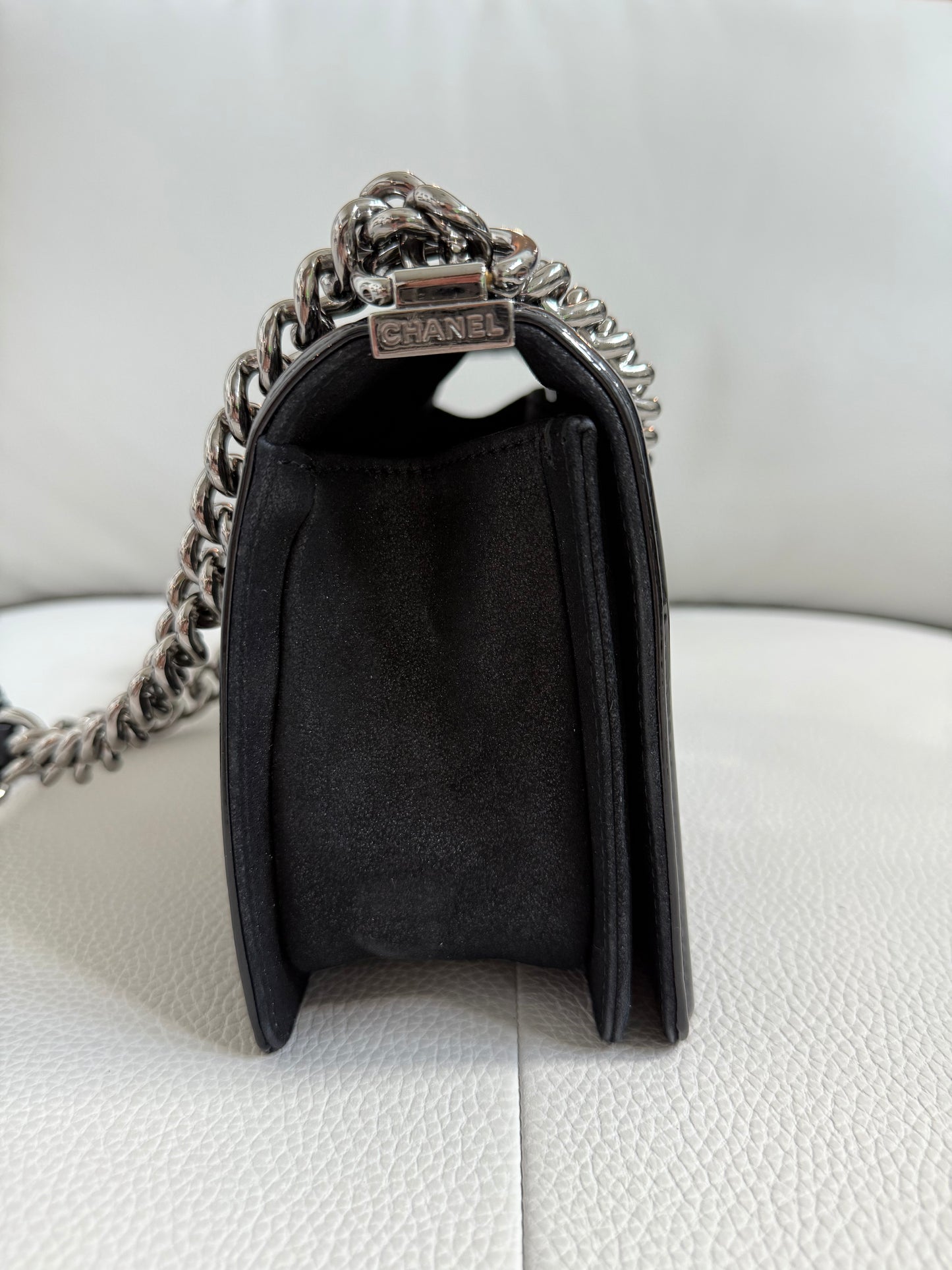 Pre-owned Authentic CHANEL Boy Medium Flap RARE Patent Sequin Shoulder Bag