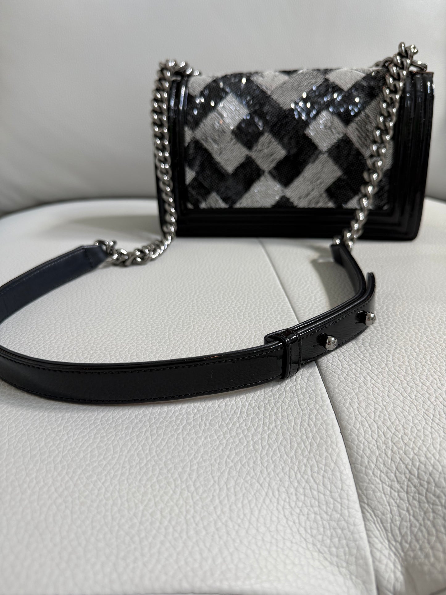 Pre-owned Authentic CHANEL Boy Medium Flap RARE Patent Sequin Shoulder Bag