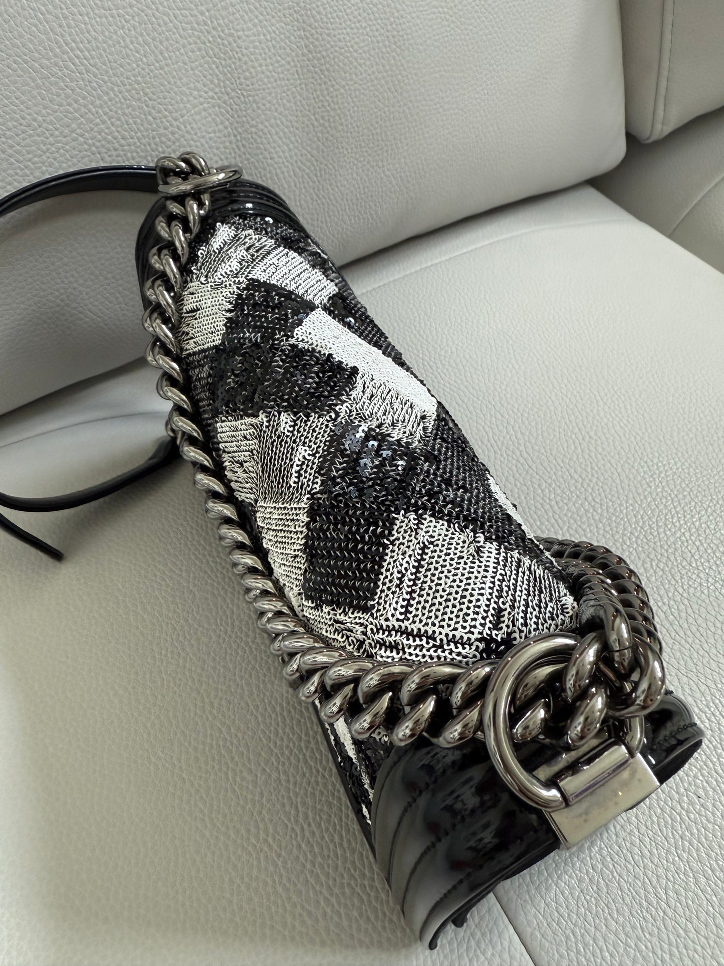 Pre-owned Authentic CHANEL Boy Medium Flap RARE Patent Sequin Shoulder Bag