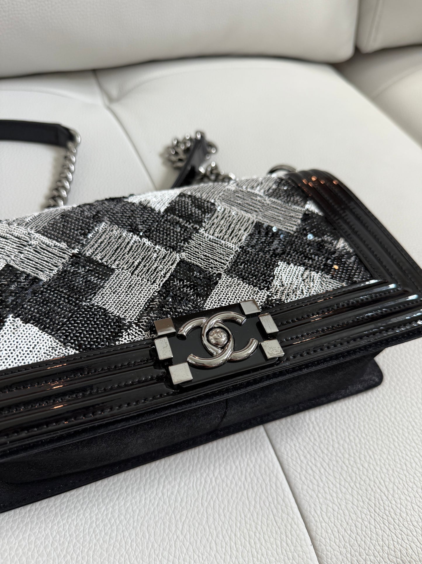 Pre-owned Authentic CHANEL Boy Medium Flap RARE Patent Sequin Shoulder Bag