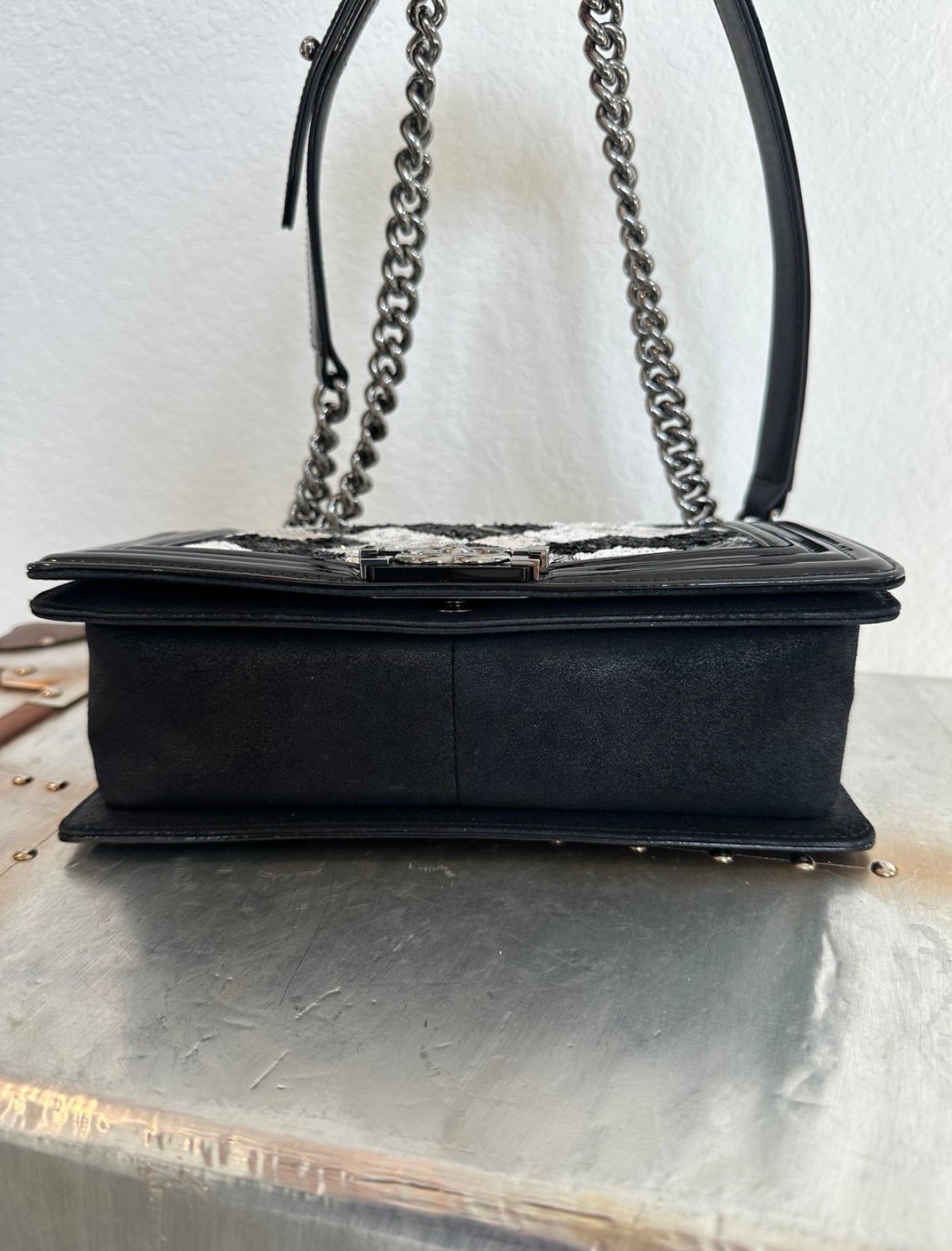Pre-owned Authentic CHANEL Boy Medium Flap RARE Patent Sequin Shoulder Bag