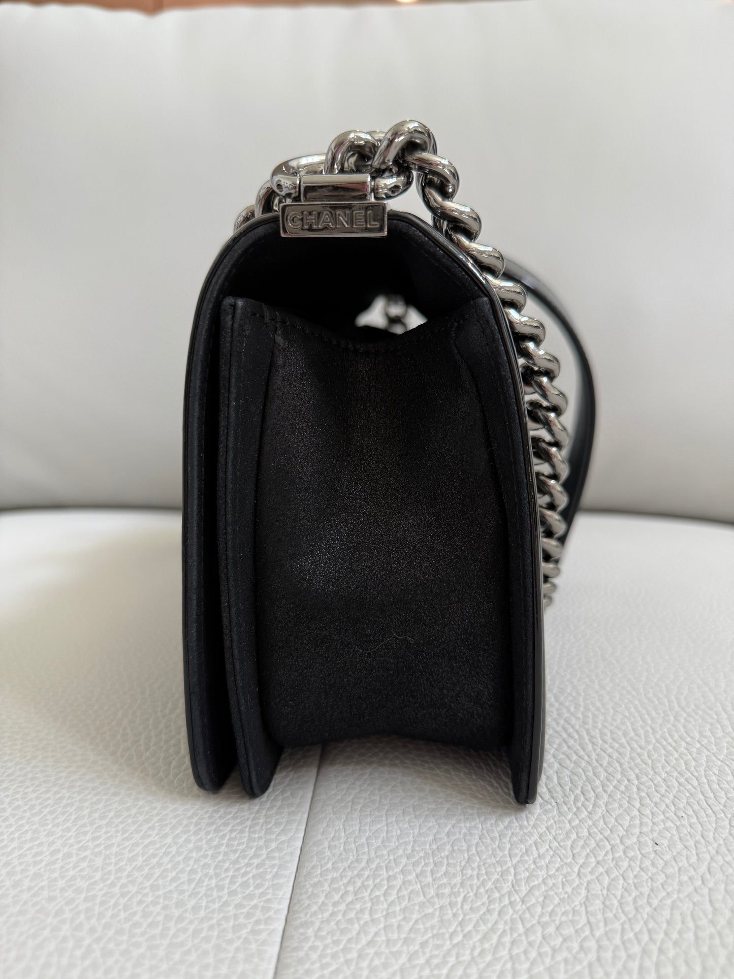 Pre-owned Authentic CHANEL Boy Medium Flap RARE Patent Sequin Shoulder Bag
