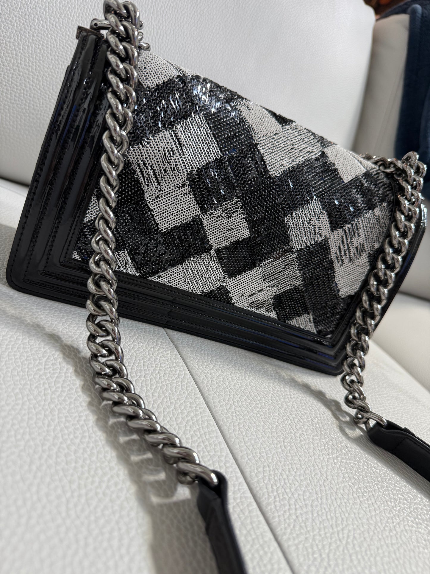 Pre-owned Authentic CHANEL Boy Medium Flap RARE Patent Sequin Shoulder Bag