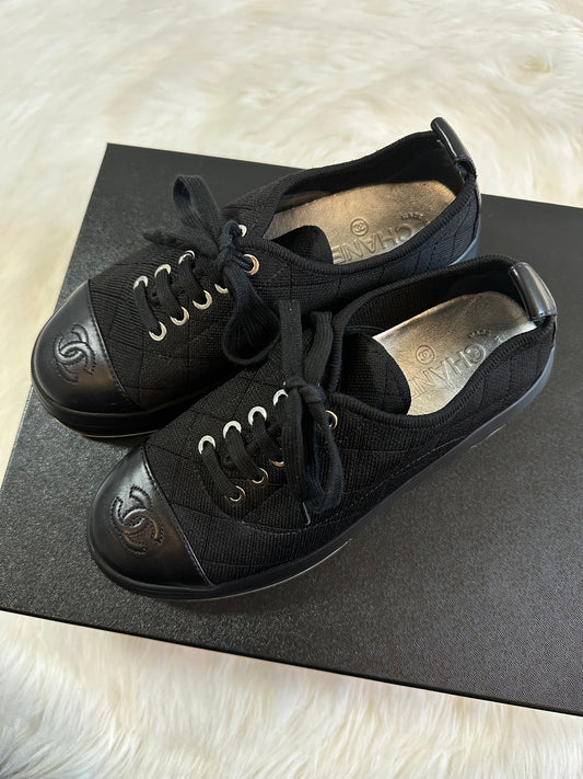 Pre-owned Authentic CHANEL Fabric Quilted Lambskin Cap Toe Lace Up Sneakers / Shoes