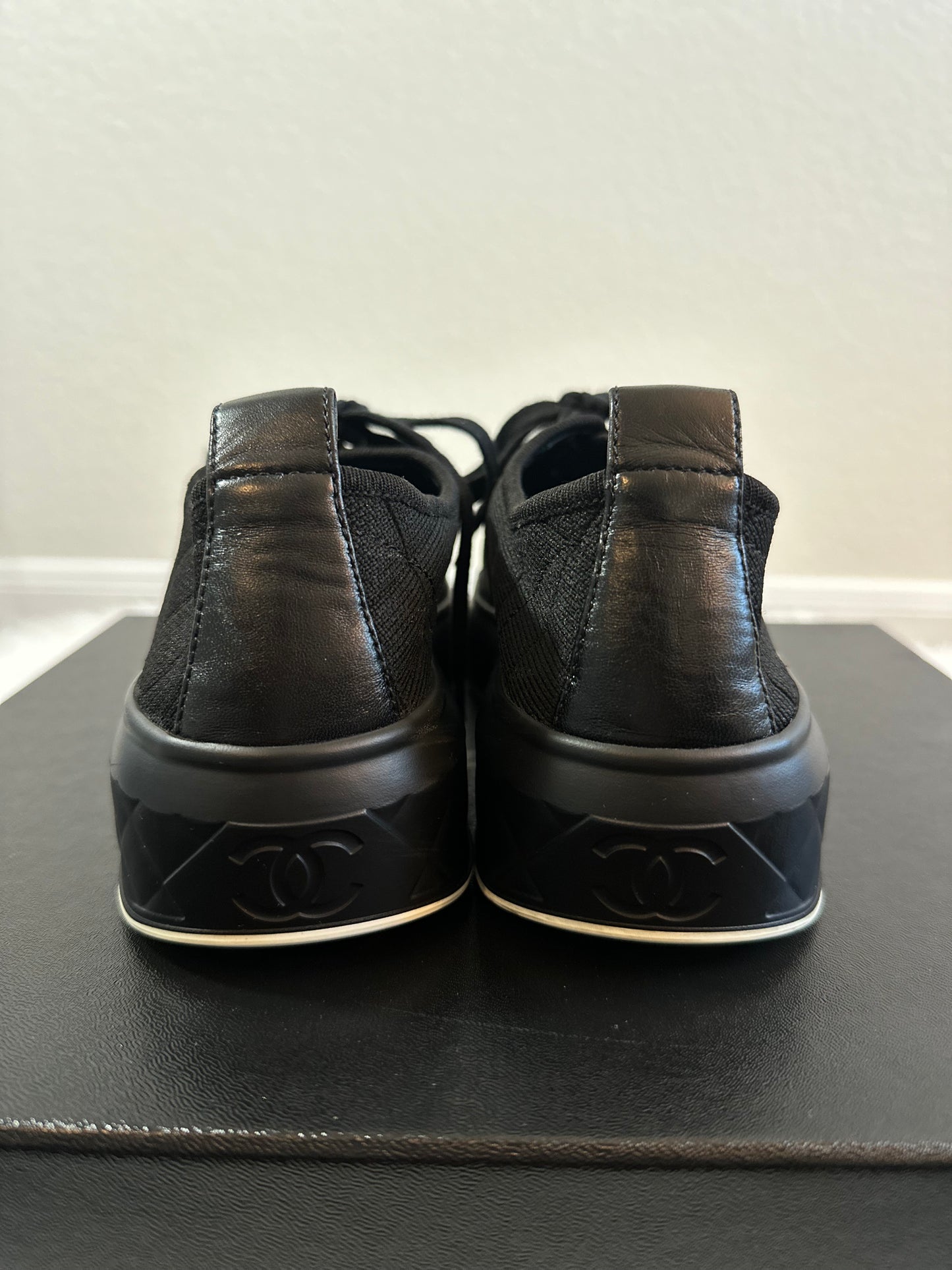 Pre-owned Authentic CHANEL Fabric Quilted Lambskin Cap Toe Lace Up Sneakers / Shoes