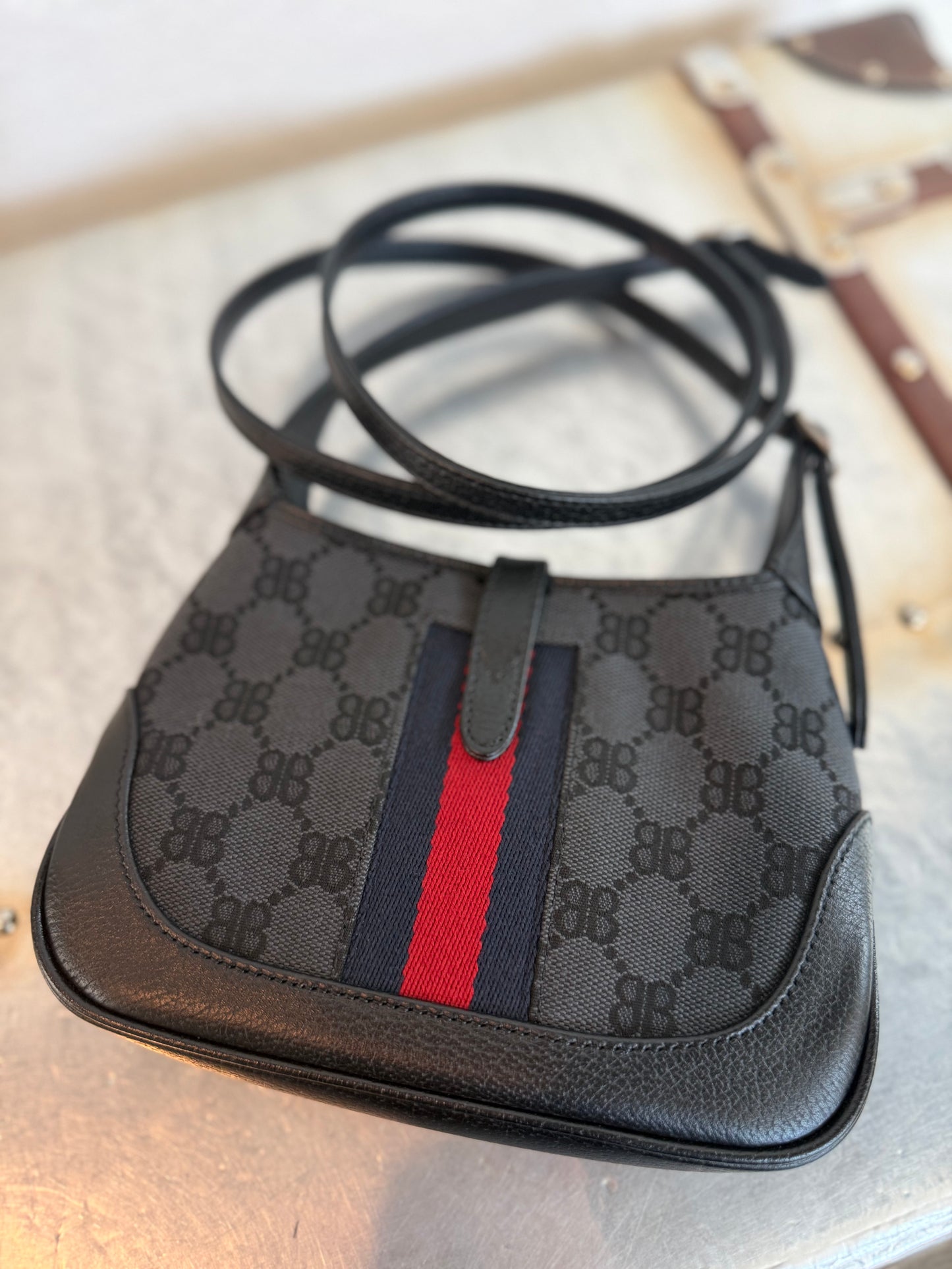 Balenciaga X Gucci 
 BB Monogram Calfskin Web Mini Jackie 1961 Hobo Black Bag