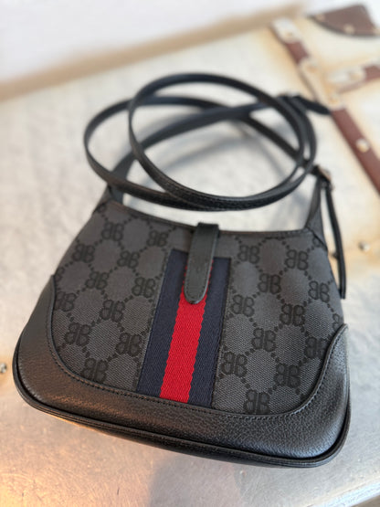 Balenciaga X Gucci 
 BB Monogram Calfskin Web Mini Jackie 1961 Hobo Black Bag