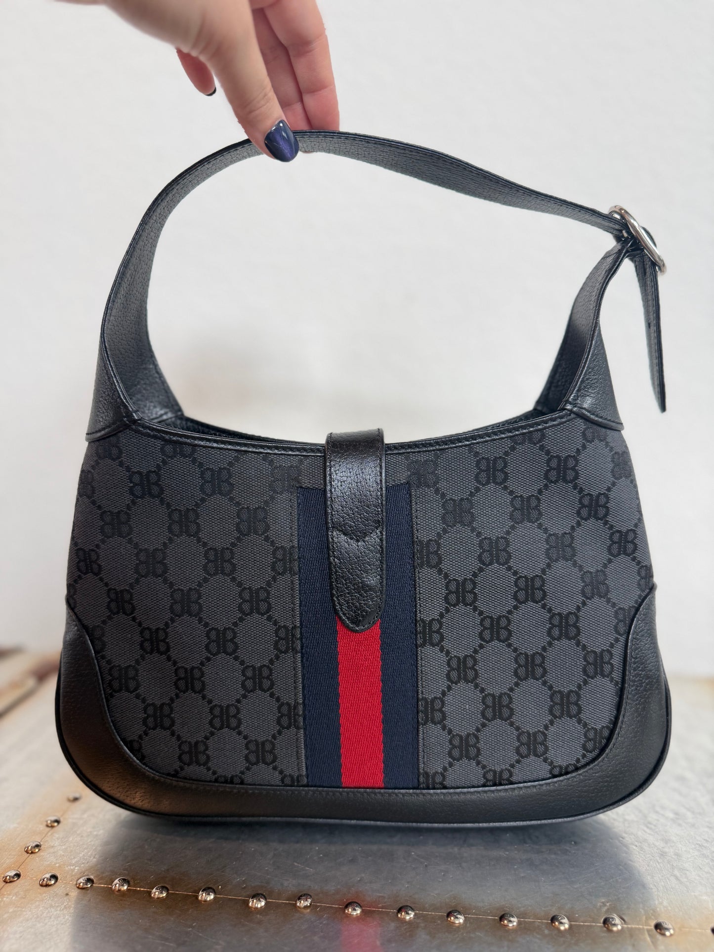 Balenciaga X Gucci BB Monogram Calfskin Web Small Jackie 1961 Hobo Black Bag