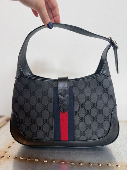 Balenciaga X Gucci BB Monogram Calfskin Web Small Jackie 1961 Hobo Black Bag