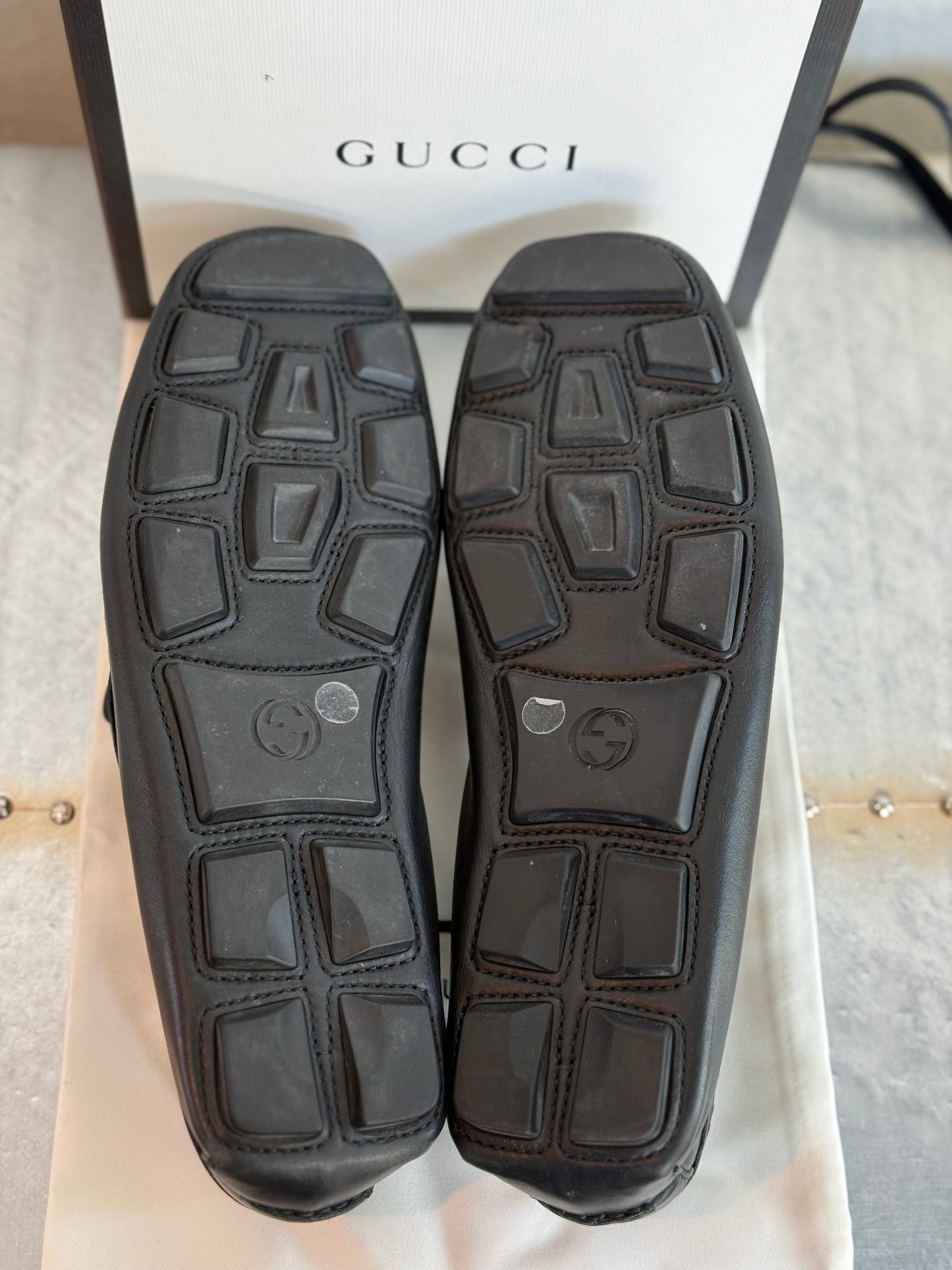 Pre-owned Authentic GUCCI Soft Clove Calfskin Web Mens Horsebit Driver Loafers