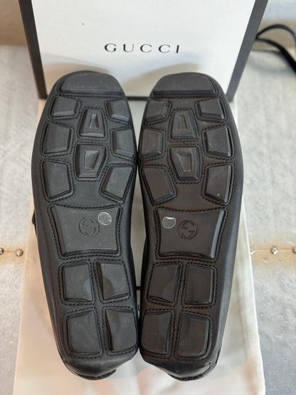 Pre-owned Authentic GUCCI Soft Clove Calfskin Web Mens Horsebit Driver Loafers