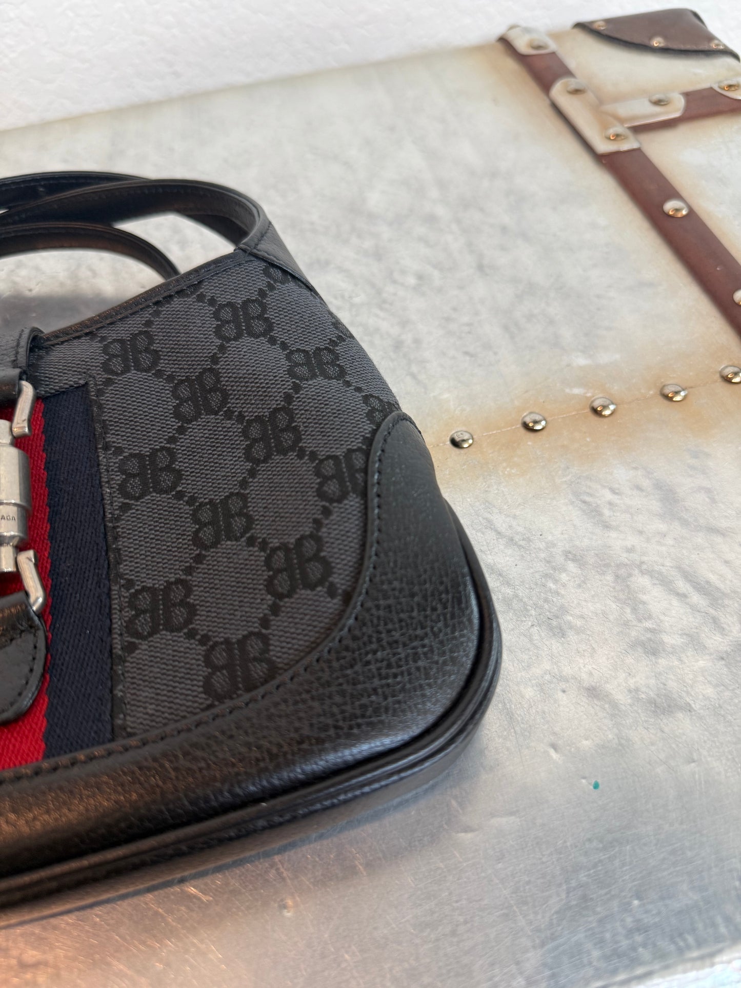 Balenciaga X Gucci 
 BB Monogram Calfskin Web Mini Jackie 1961 Hobo Black Bag