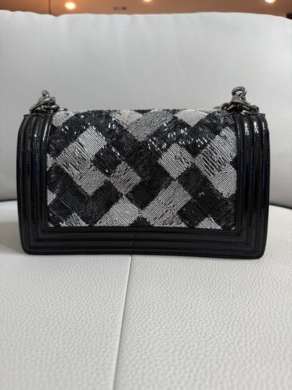 Pre-owned Authentic CHANEL Boy Medium Flap RARE Patent Sequin Shoulder Bag