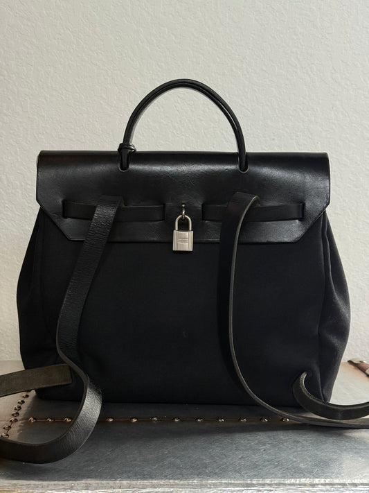 Pre-owned Authentic Hermes Herbag MM Backpack Black Toile Bag