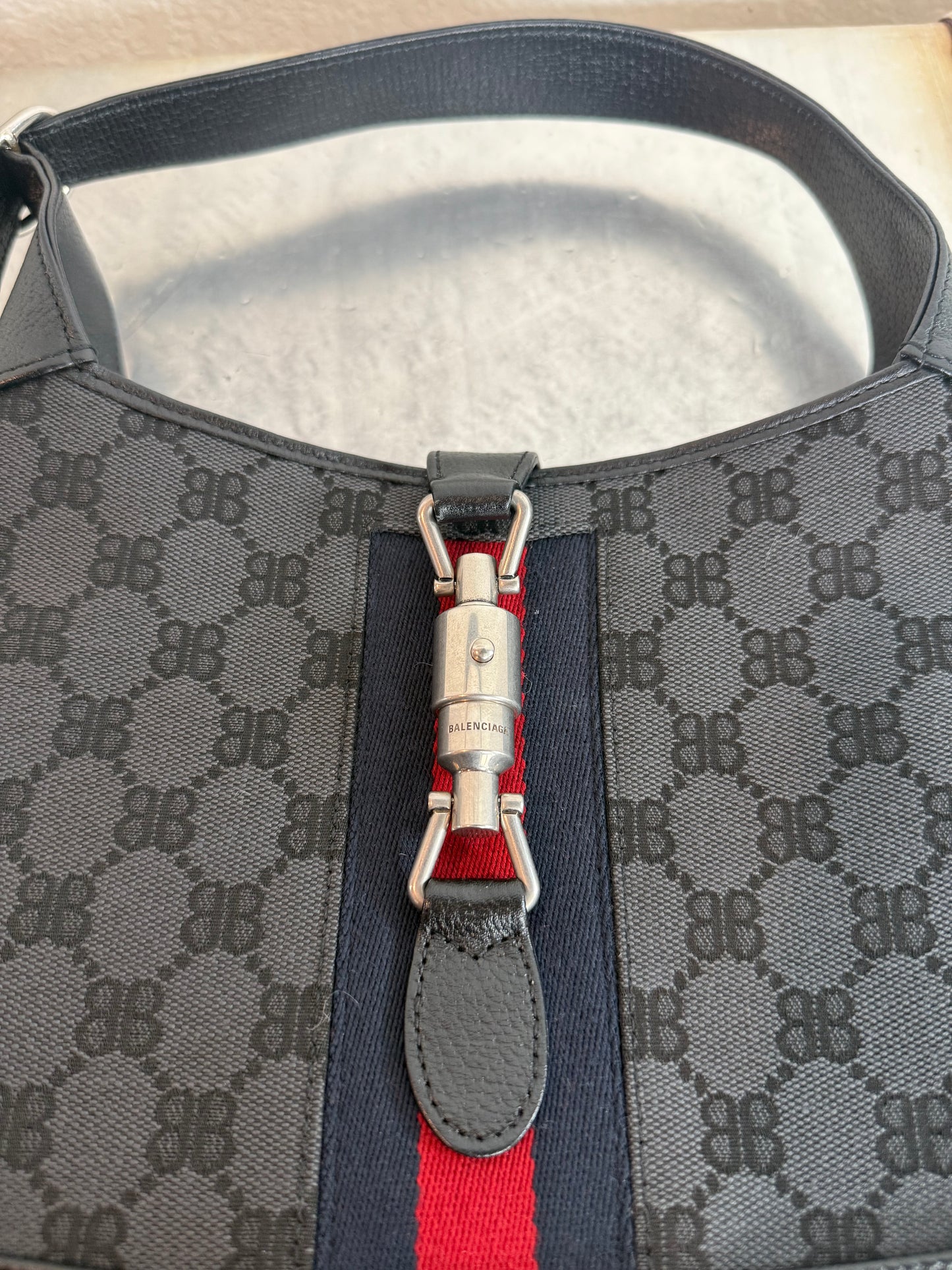 Balenciaga X Gucci BB Monogram Calfskin Web Small Jackie 1961 Hobo Black Bag