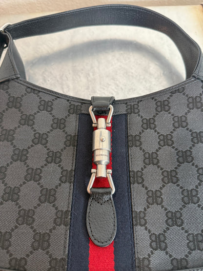 Balenciaga X Gucci BB Monogram Calfskin Web Small Jackie 1961 Hobo Black Bag