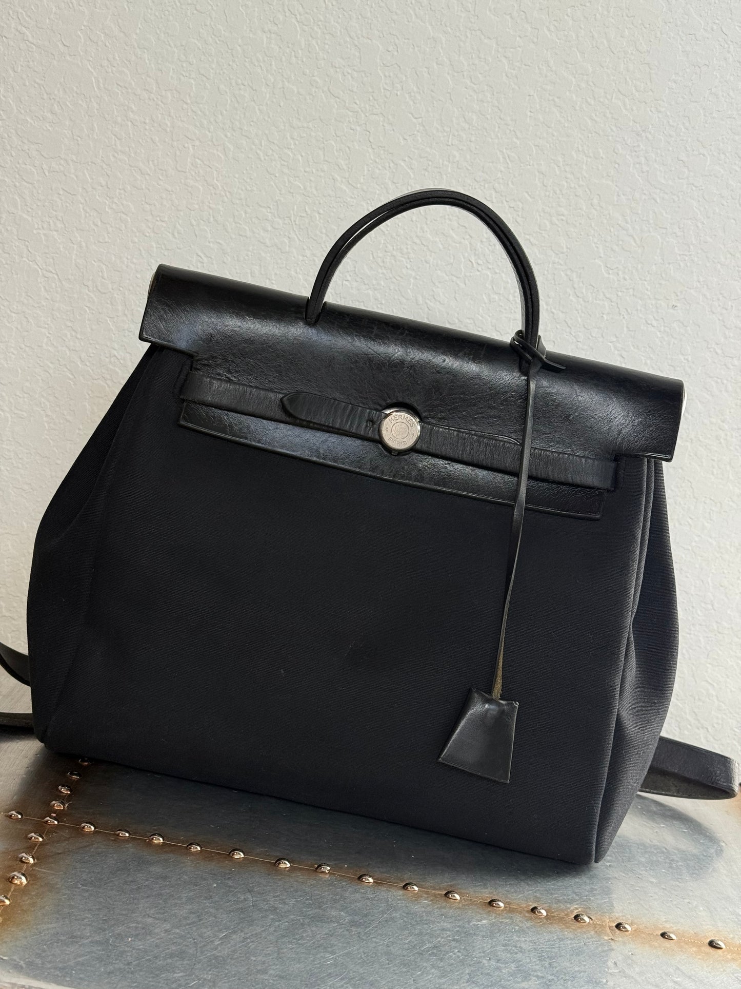 Pre-owned Authentic Hermes Herbag MM Backpack Black Toile Bag