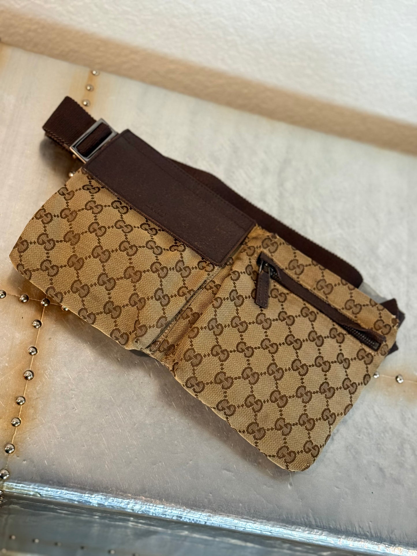 Pre-owned Authentic Gucci Vintage Double Belt GG Canvas Bag