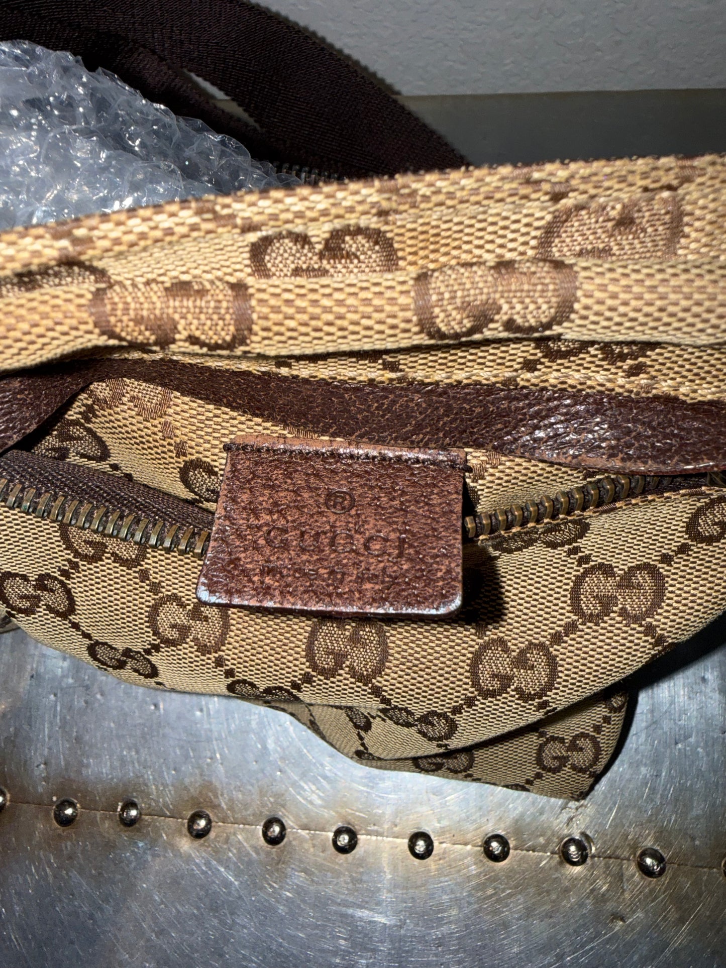 Pre-owned Authentic Gucci Vintage Double Belt GG Canvas Bag