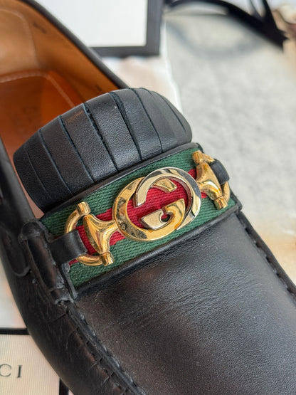 Pre-owned Authentic GUCCI Soft Clove Calfskin Web Mens Horsebit Driver Loafers
