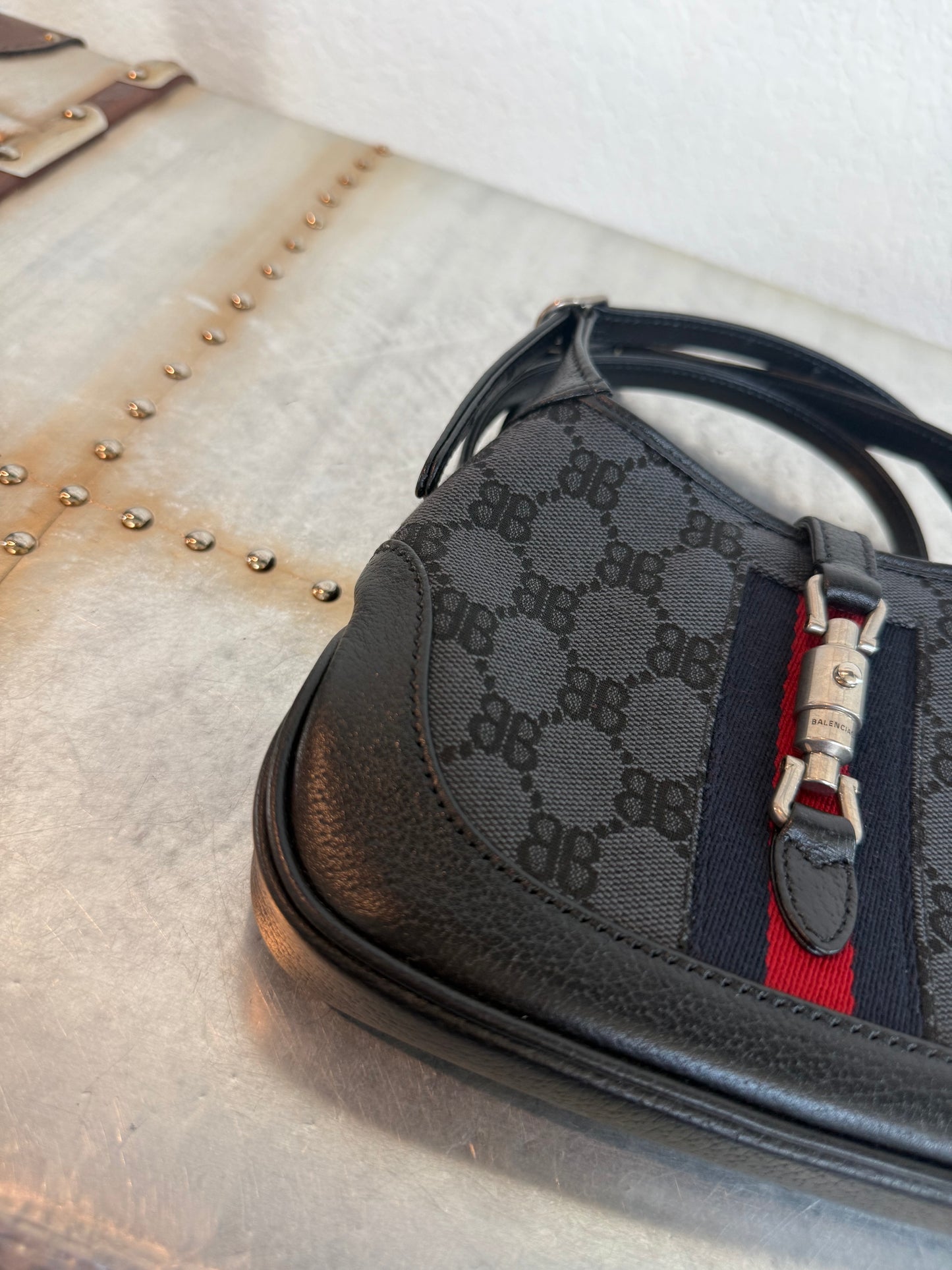 Balenciaga X Gucci 
 BB Monogram Calfskin Web Mini Jackie 1961 Hobo Black Bag