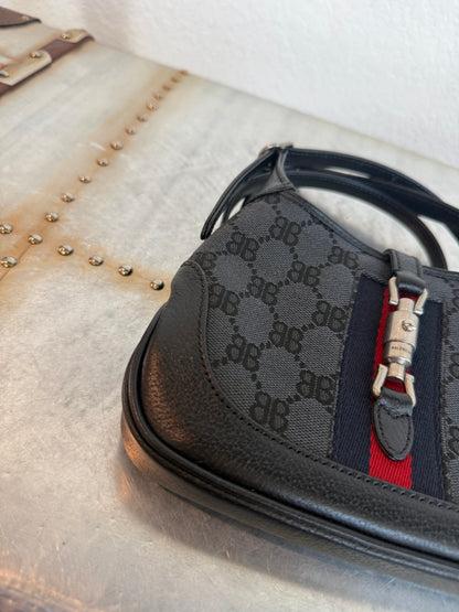 Balenciaga X Gucci 
 BB Monogram Calfskin Web Mini Jackie 1961 Hobo Black Bag