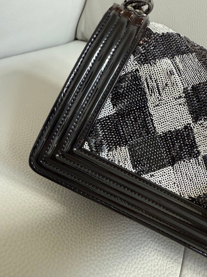 Pre-owned Authentic CHANEL Boy Medium Flap RARE Patent Sequin Shoulder Bag