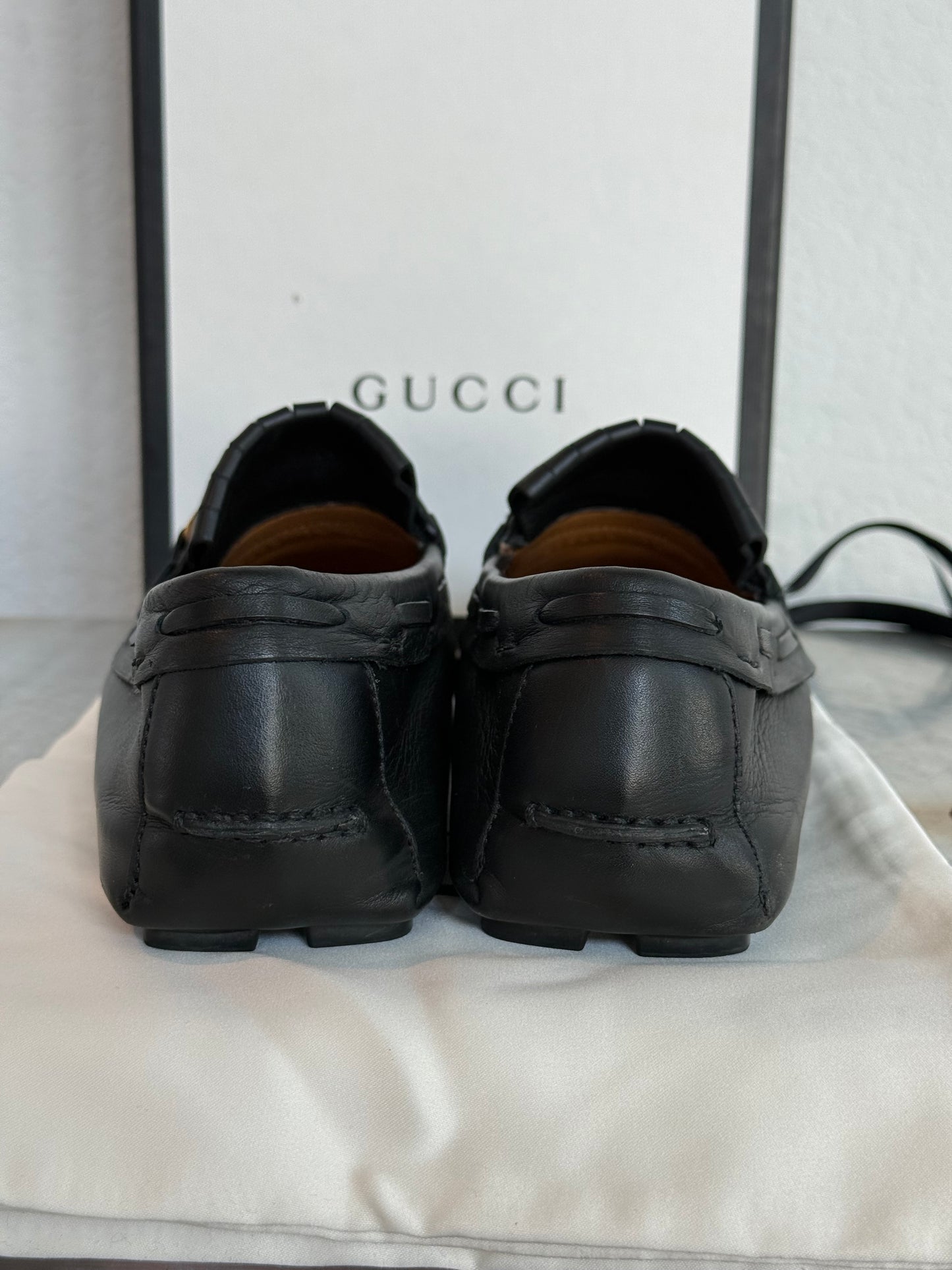 Pre-owned Authentic GUCCI Soft Clove Calfskin Web Mens Horsebit Driver Loafers