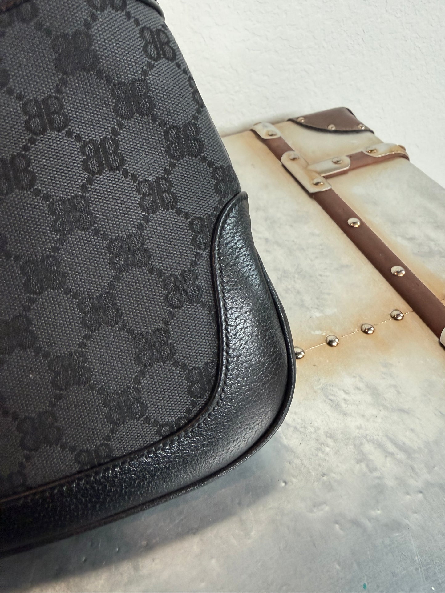 Balenciaga X Gucci BB Monogram Calfskin Web Small Jackie 1961 Hobo Black Bag