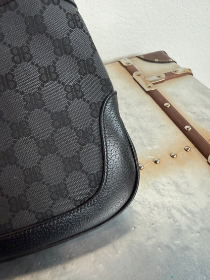 Balenciaga X Gucci BB Monogram Calfskin Web Small Jackie 1961 Hobo Black Bag