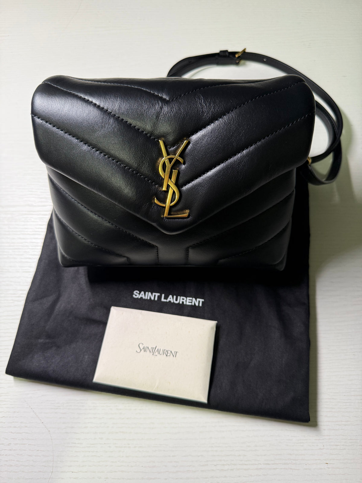 SAINT LAURENT
Calfskin Y Quilted Monogram Toy Loulou Black Crossbody Bag