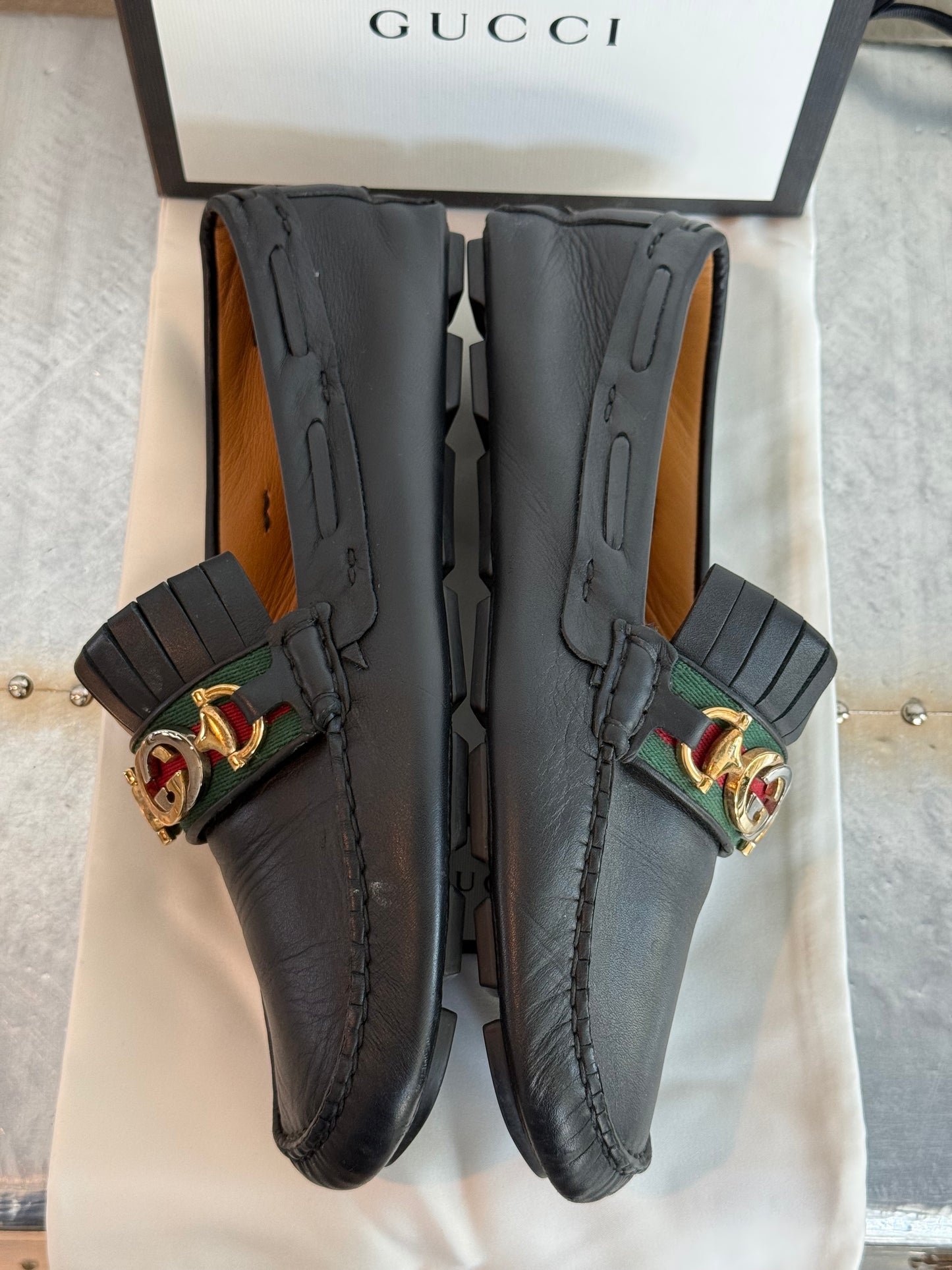 Pre-owned Authentic GUCCI Soft Clove Calfskin Web Mens Horsebit Driver Loafers