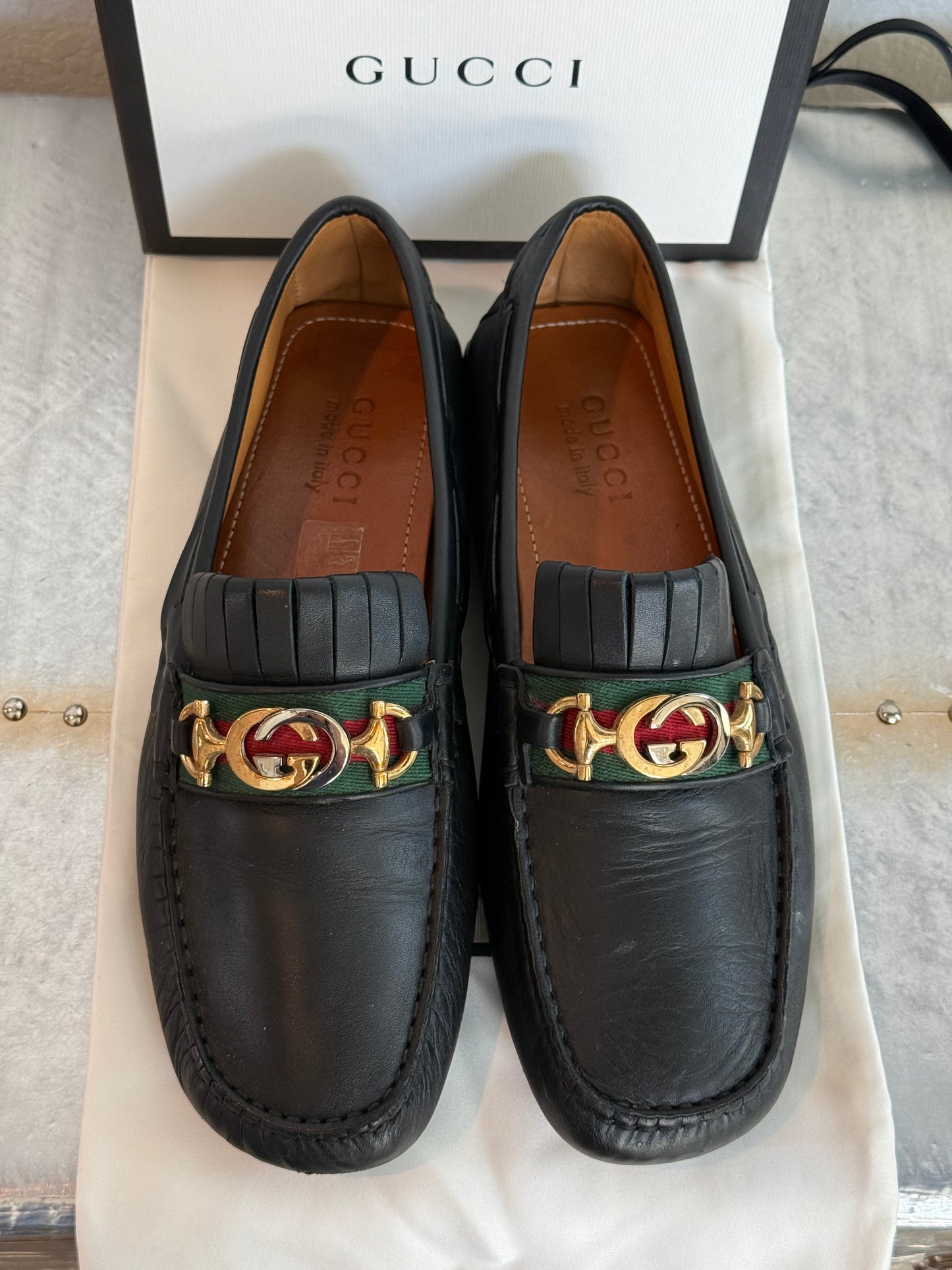Pre-owned Authentic GUCCI Soft Clove Calfskin Web Mens Horsebit Driver Loafers