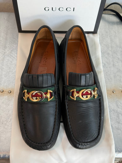 Pre-owned Authentic GUCCI Soft Clove Calfskin Web Mens Horsebit Driver Loafers