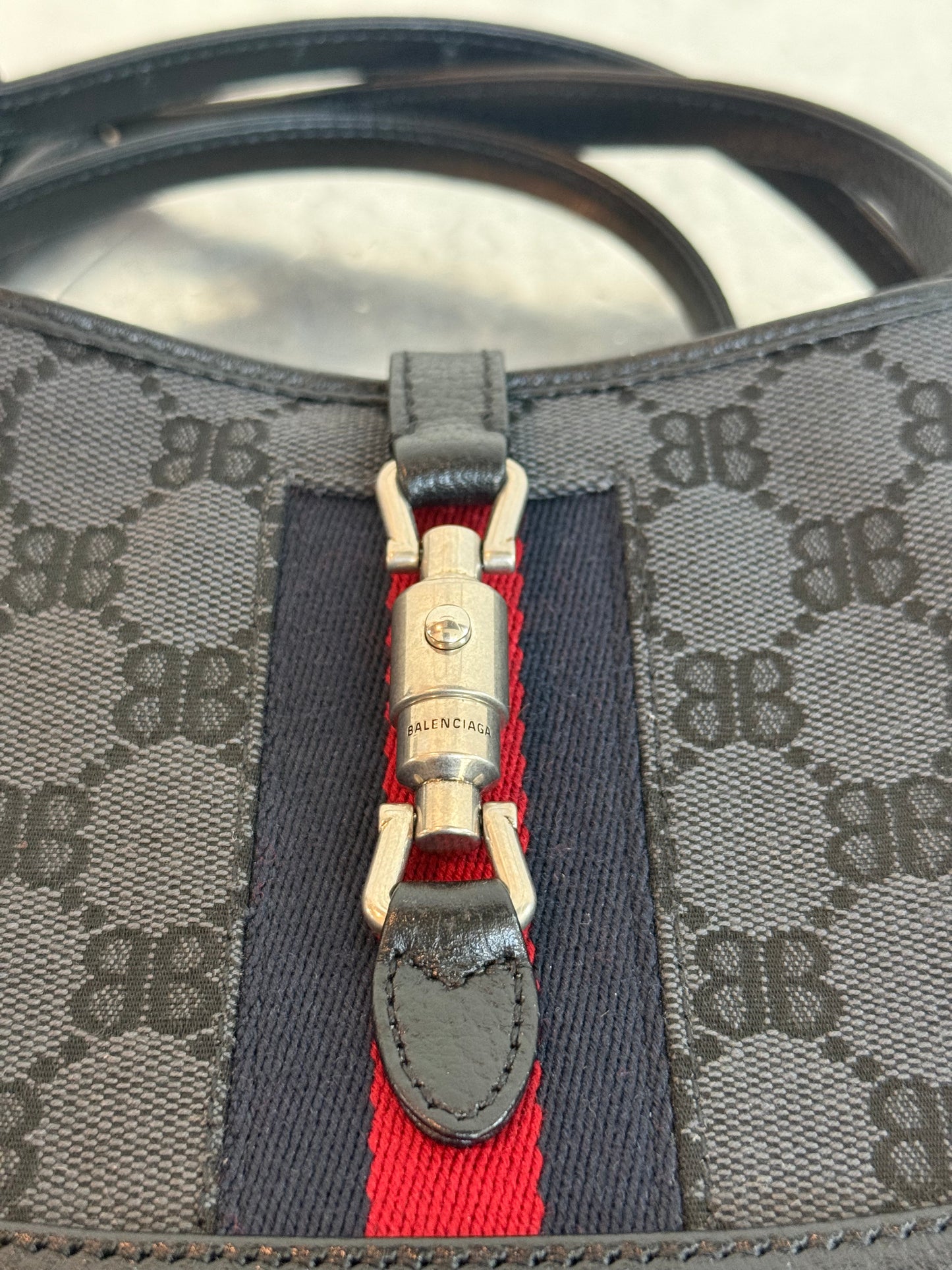 Balenciaga X Gucci 
 BB Monogram Calfskin Web Mini Jackie 1961 Hobo Black Bag