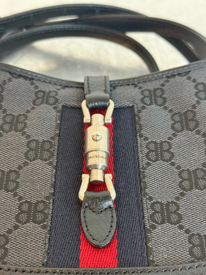 Balenciaga X Gucci 
 BB Monogram Calfskin Web Mini Jackie 1961 Hobo Black Bag