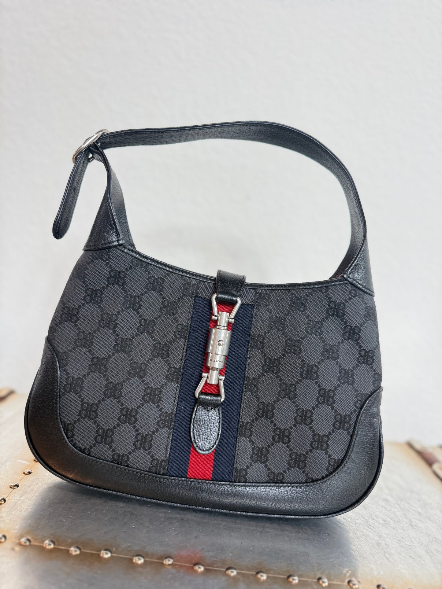 Balenciaga X Gucci BB Monogram Calfskin Web Small Jackie 1961 Hobo Black Bag