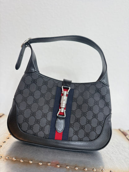 Balenciaga X Gucci BB Monogram Calfskin Web Small Jackie 1961 Hobo Black Bag