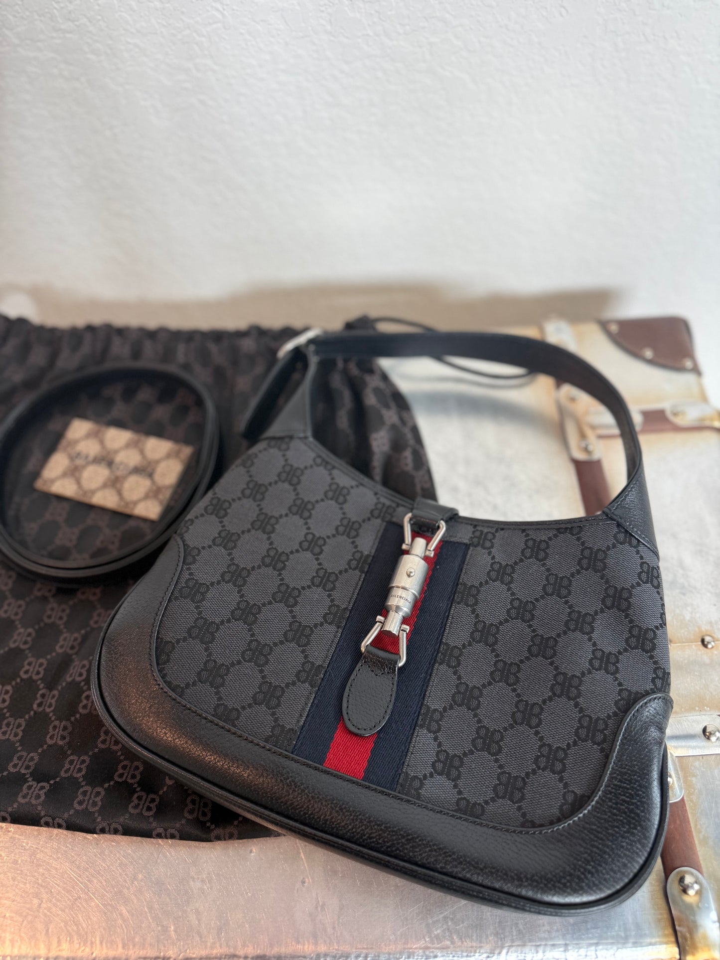 Balenciaga X Gucci BB Monogram Calfskin Web Small Jackie 1961 Hobo Black Bag