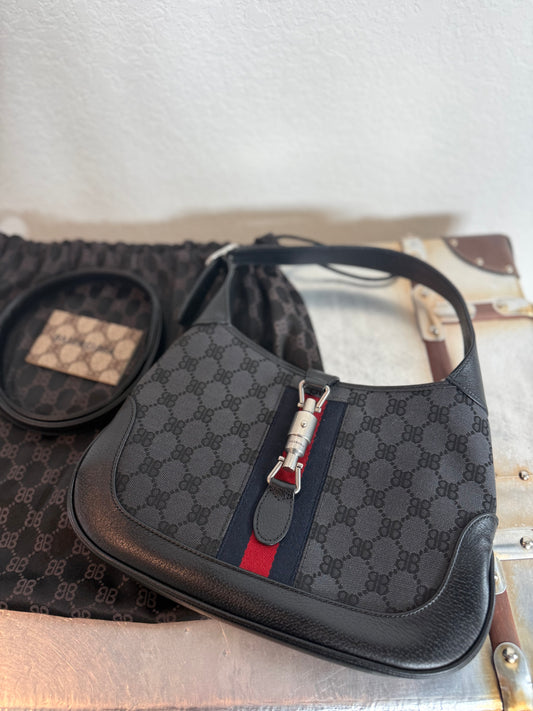 Balenciaga X Gucci BB Monogram Calfskin Web Small Jackie 1961 Hobo Black Bag