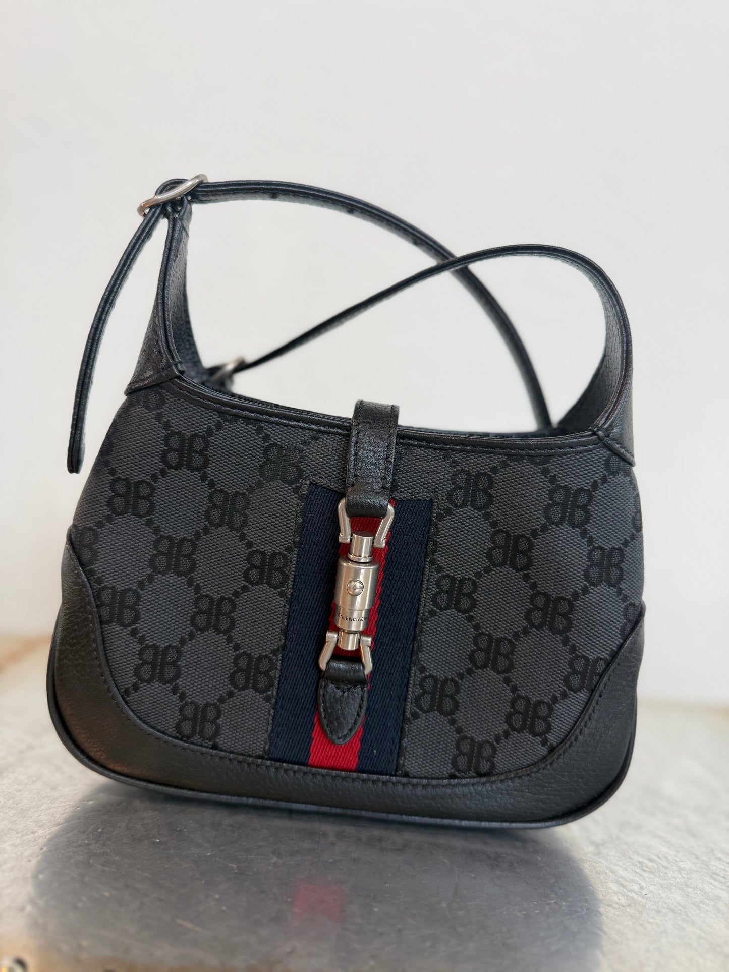 Balenciaga X Gucci 
 BB Monogram Calfskin Web Mini Jackie 1961 Hobo Black Bag