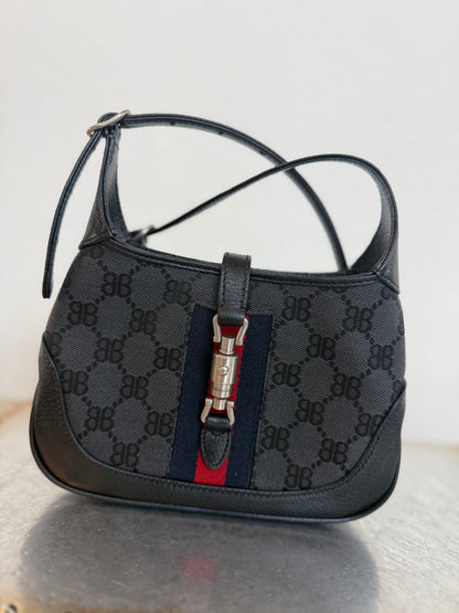 Balenciaga X Gucci 
 BB Monogram Calfskin Web Mini Jackie 1961 Hobo Black Bag