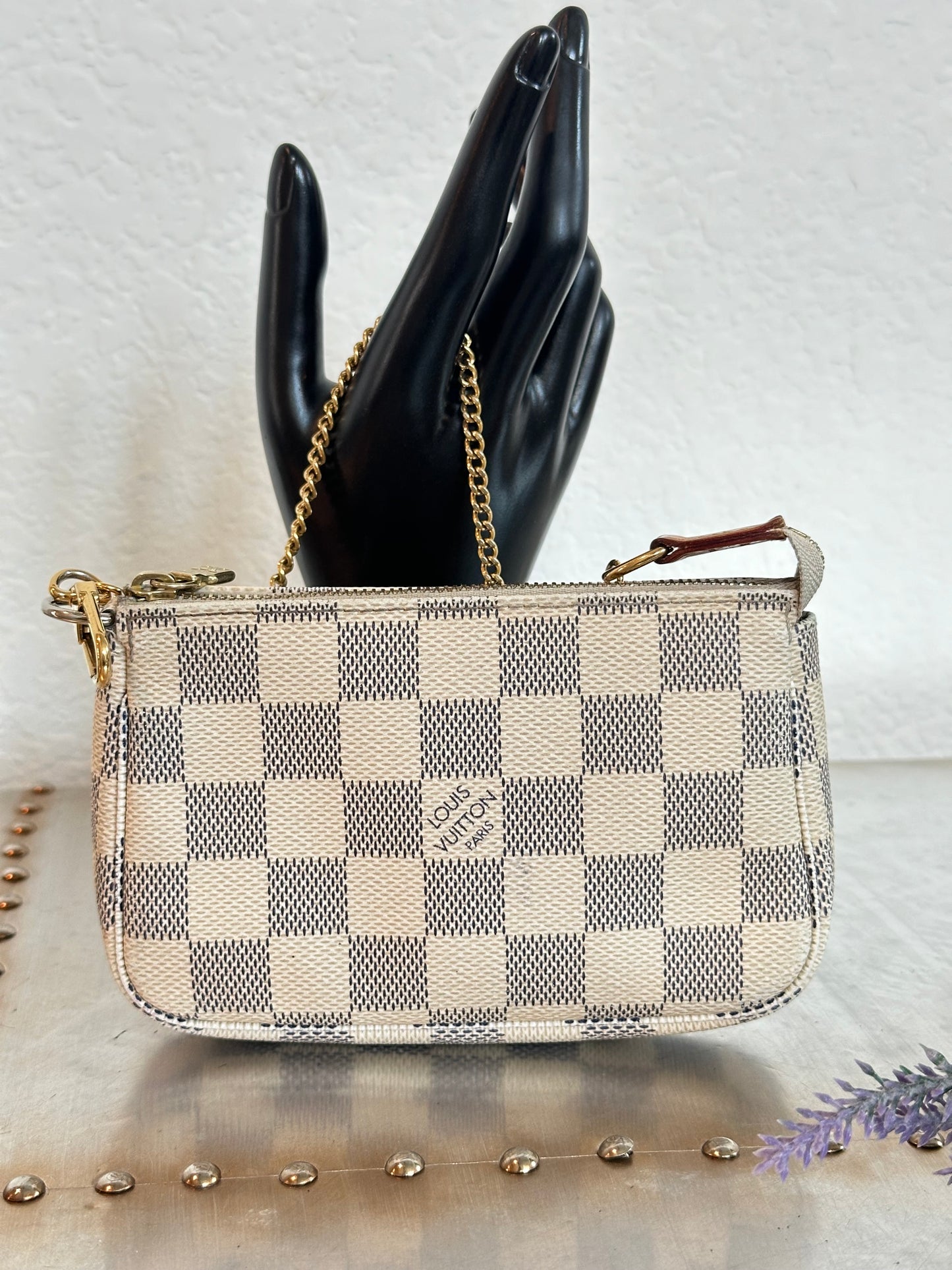 Pre-owned Authentic Louis Vuitton MINI Pochette Accessoires Damier Azur Handbag